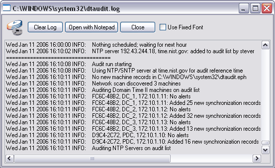 Domain Time II Audit Server Control Panel - Log Viewer Screen