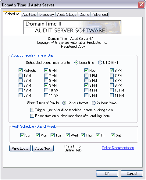 Domain Time II Audit Server - Schedule Tab