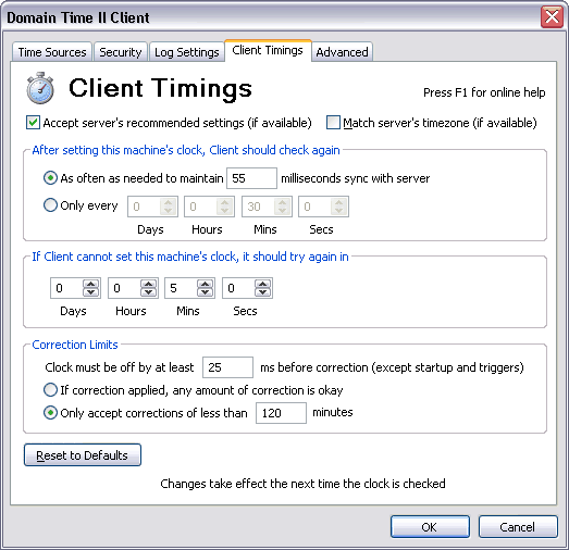 Domain Time II Client Control Panel - Client Timings Tab