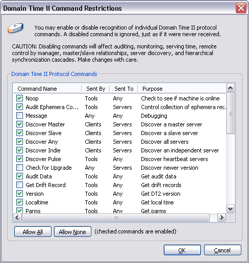 Domain Time II Full Client - Command Restrictions dialog