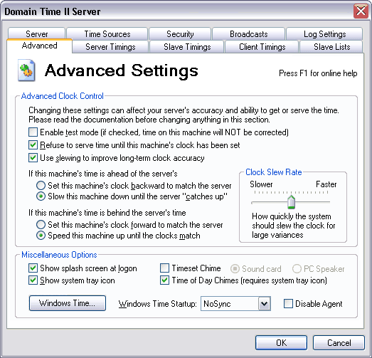 Domain Time II Server Control Panel - Advanced Settings Tab