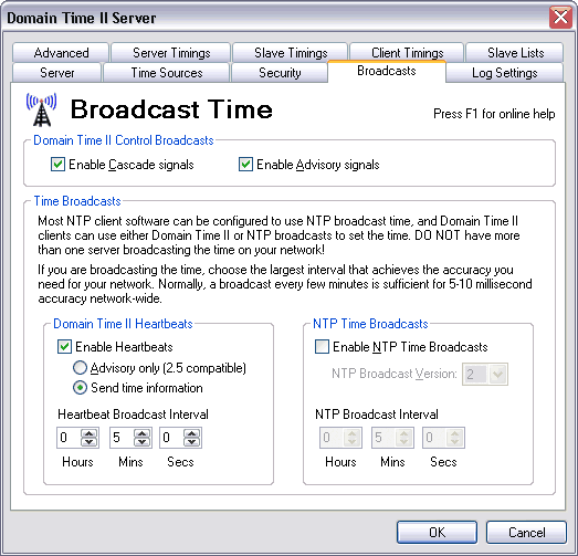 Domain Time II Server Control Panel - Broadcast Time Tab