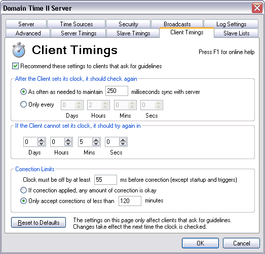 Domain Time II Server Control Panel - Client Timings Tab