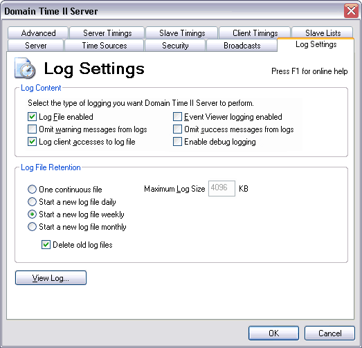 Domain Time II Server Control Panel - Log Settings Tab