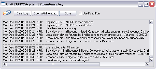 Domain Time II Server Control Panel - Log Viewer Screen