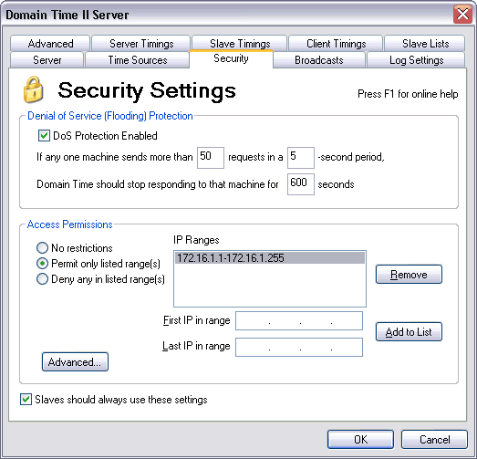 Domain Time II Server Control Panel - Security Settings Tab