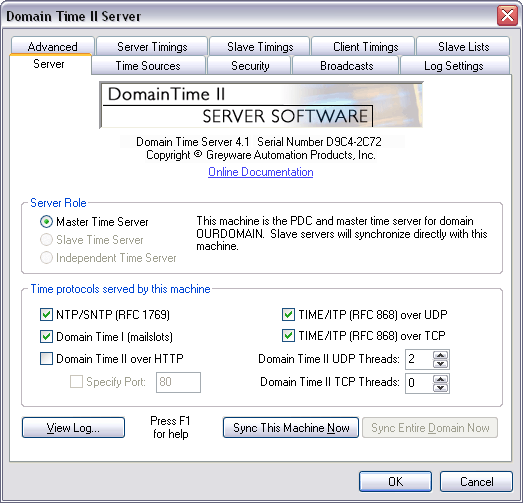 Domain Time II Server Control Panel - Server Tab