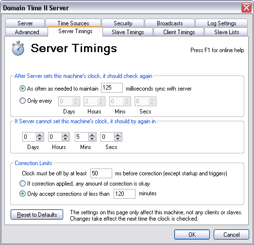 Domain Time II Server Control Panel - Server Timings Tab