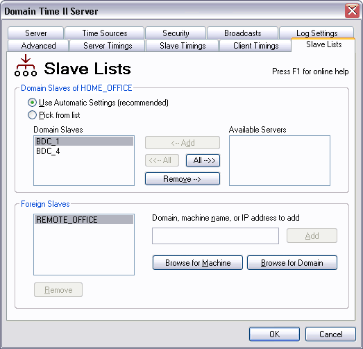 Domain Time II Server Control Panel - Slave Lists Tab