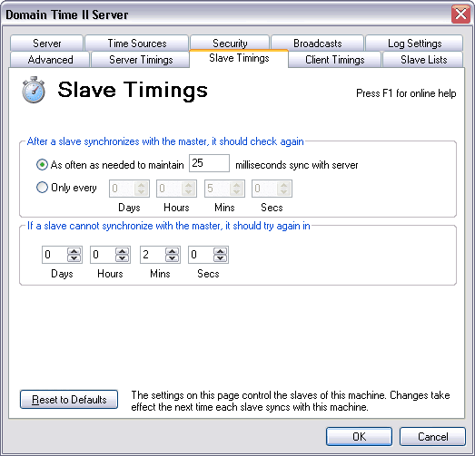 Domain Time II Server Control Panel - Slave Timings Tab