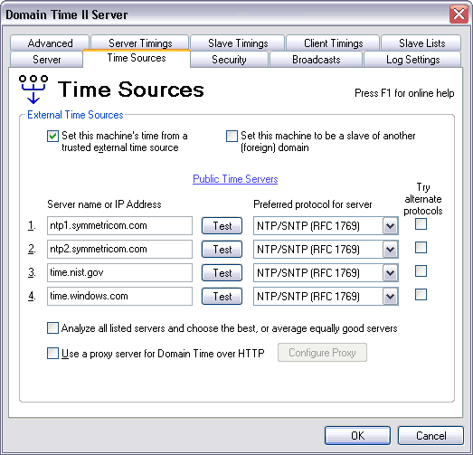 Domain Time II Server Control Panel - Time Sources Tab