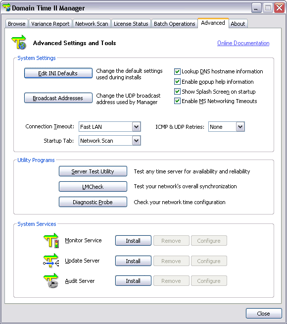 Domain Time II Manager - Advanced Settings and Tools tab