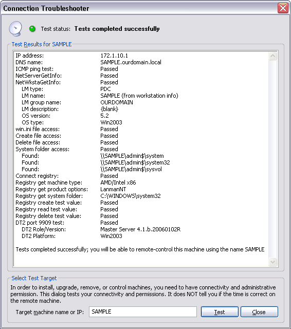 The results of a successful test with the Connection Troubleshooter