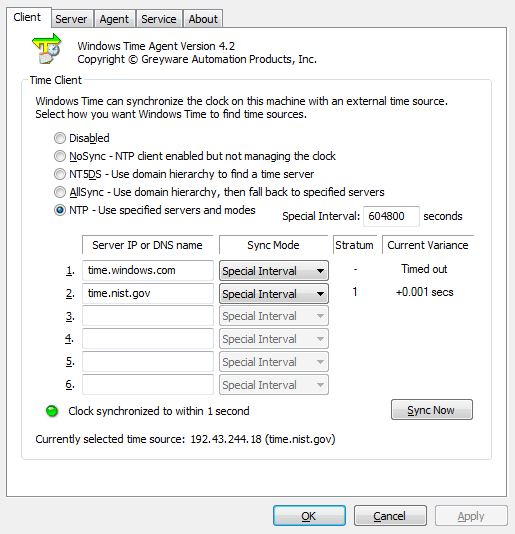 Windows Time Agent: Client tab