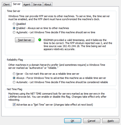 Windows Time Agent: Server tab