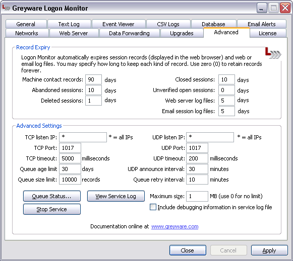 Logon Monitor Server Edition Control Panel - Advanced Settings Tab
