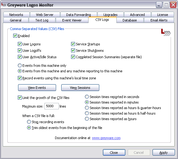 Logon Monitor Server Edition Control Panel - Log Settings Tab