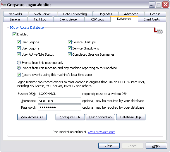 Logon Monitor Server Edition Control Panel - DB Settings Tab