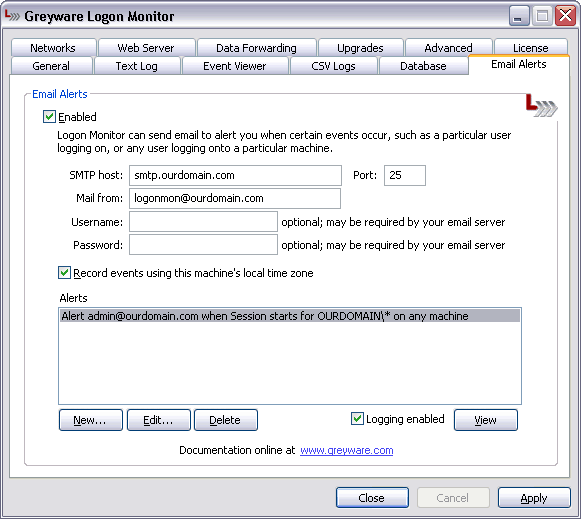 Logon Monitor Server Edition Control Panel - Email Alerts Tab