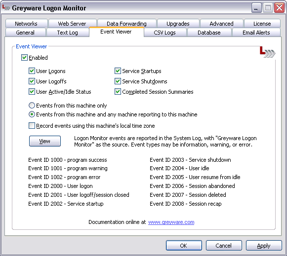 Logon Monitor Server Edition Control Panel - Event Viewer Settings Tab