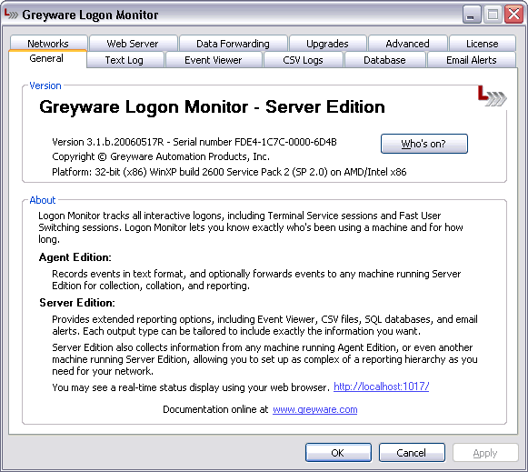 Logon Monitor Server Edition Control Panel - General Information Tab