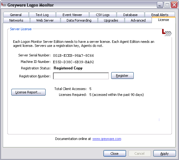 Logon Monitor Server Edition Control Panel - License Tab